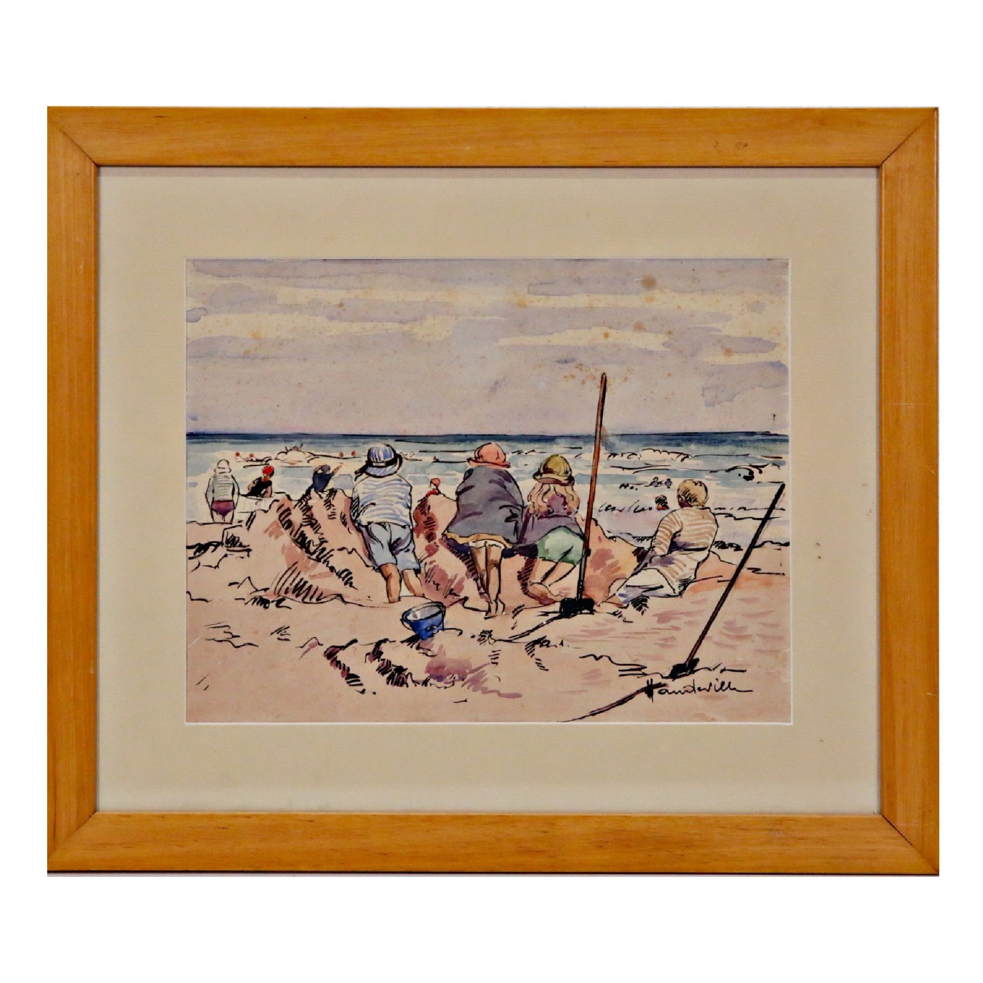 Leon HAUDEVILLE (1885-1969) "Children at the beach", watercolor on paper, French painting, 20th _.