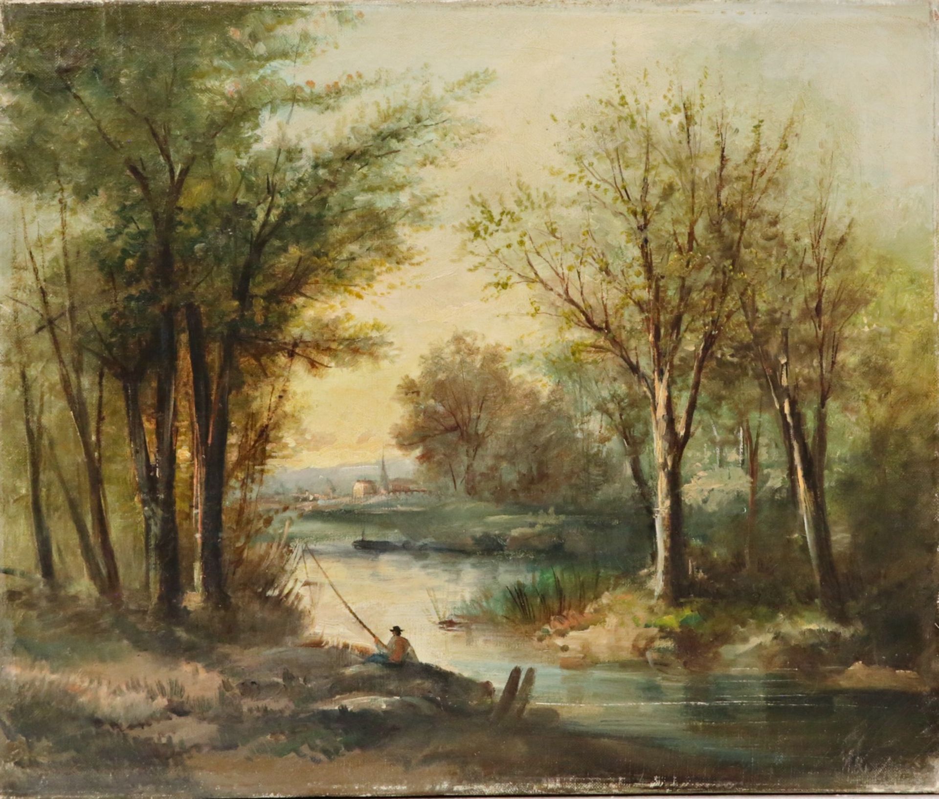 Pair of paintings signed GEORGES, "River with the fisherman" and "River with the farmer", 19th C. - Image 6 of 9