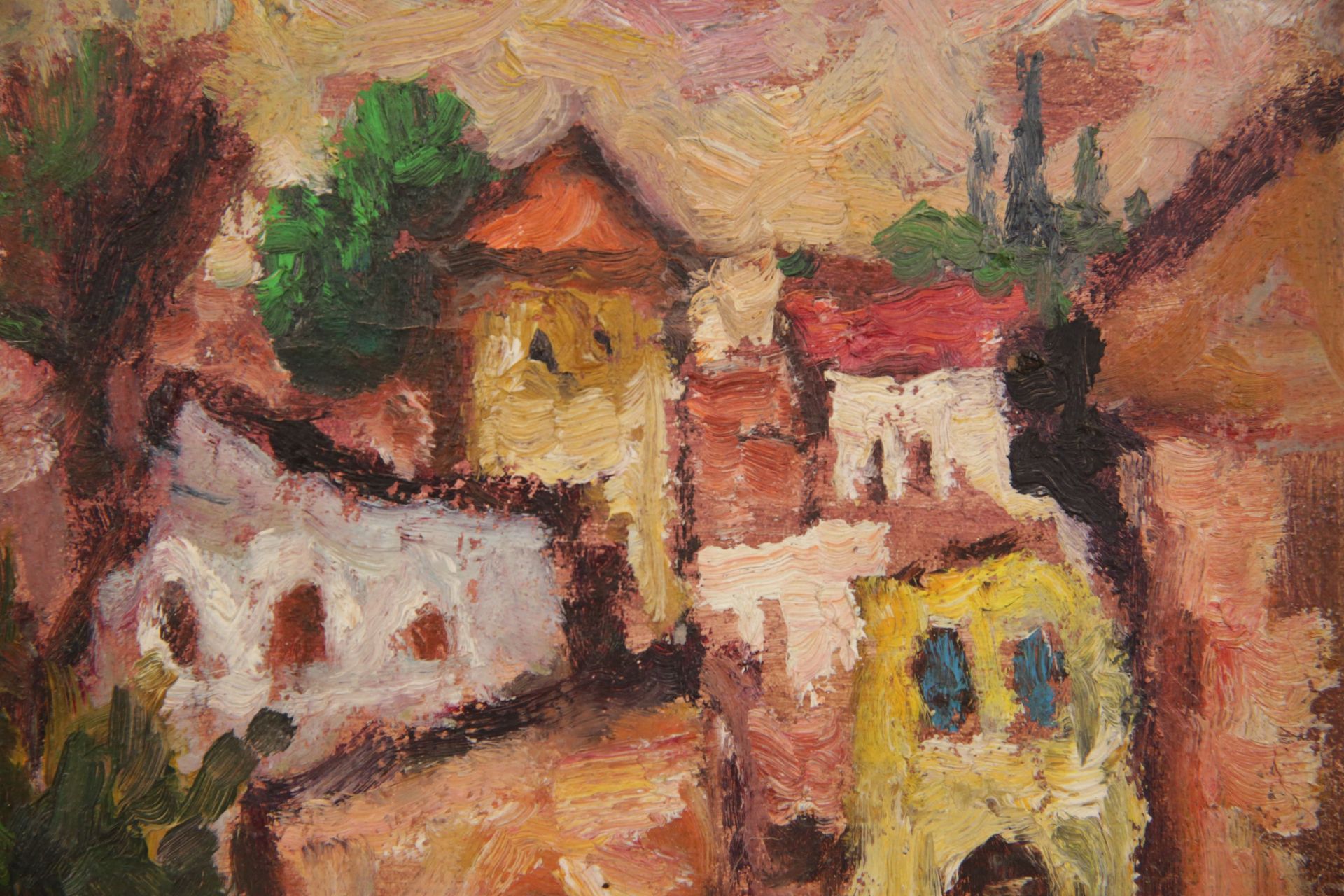 "Village at sunset", oil on canvas, artist"s signature lower left illegible, dated 1919. - Image 3 of 4