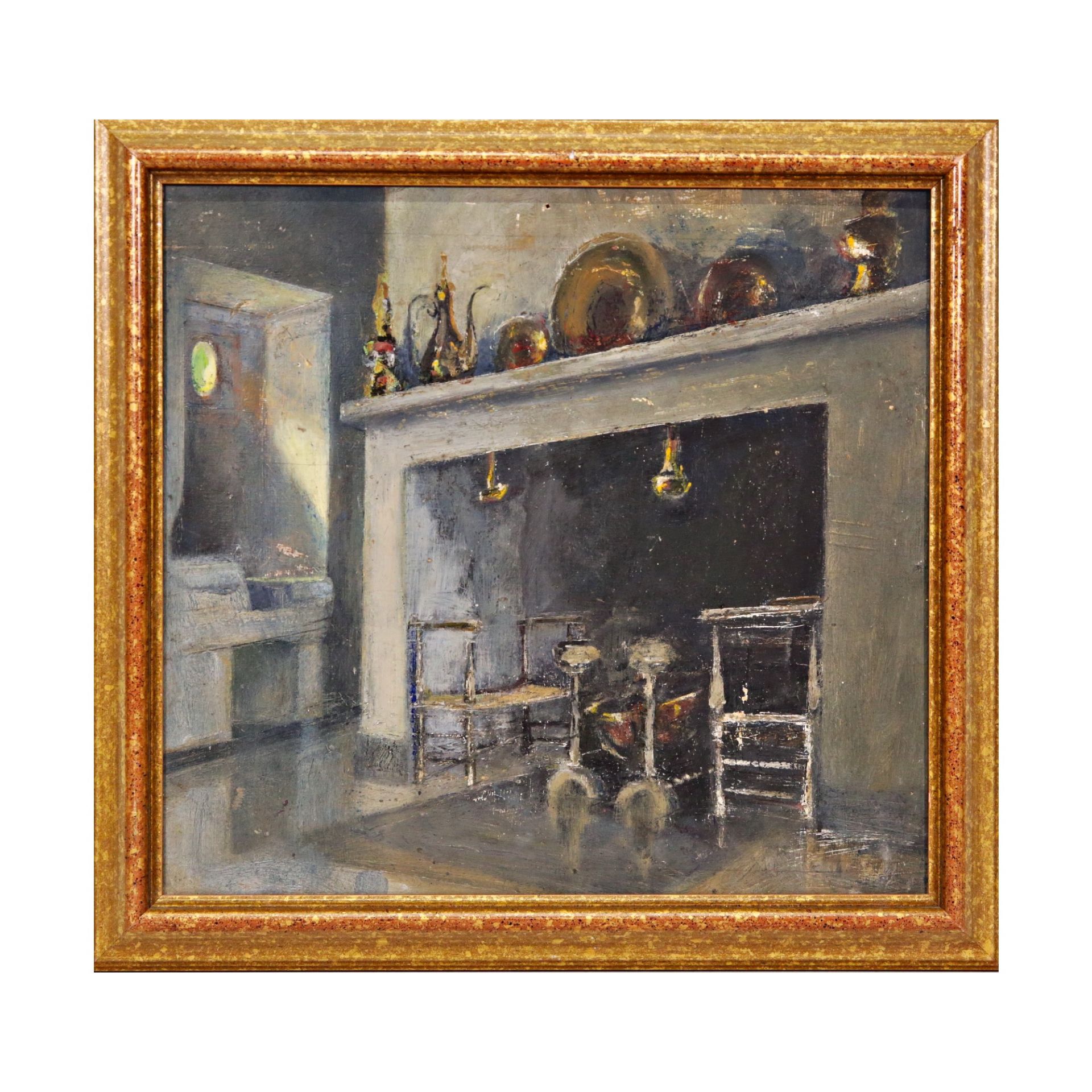 ÒThe fireplaceÓ, oil on cardboard, unsigned, French painting of the 20th century.