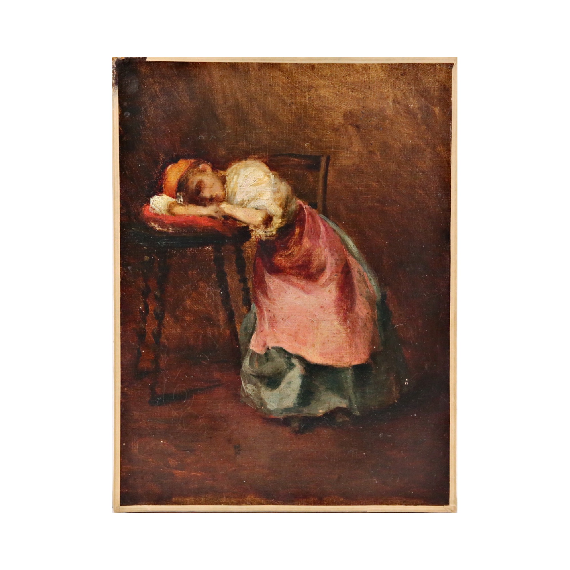 "The Maid dozing in stool", oil on canvas, unsigned, French painting of the 19th C