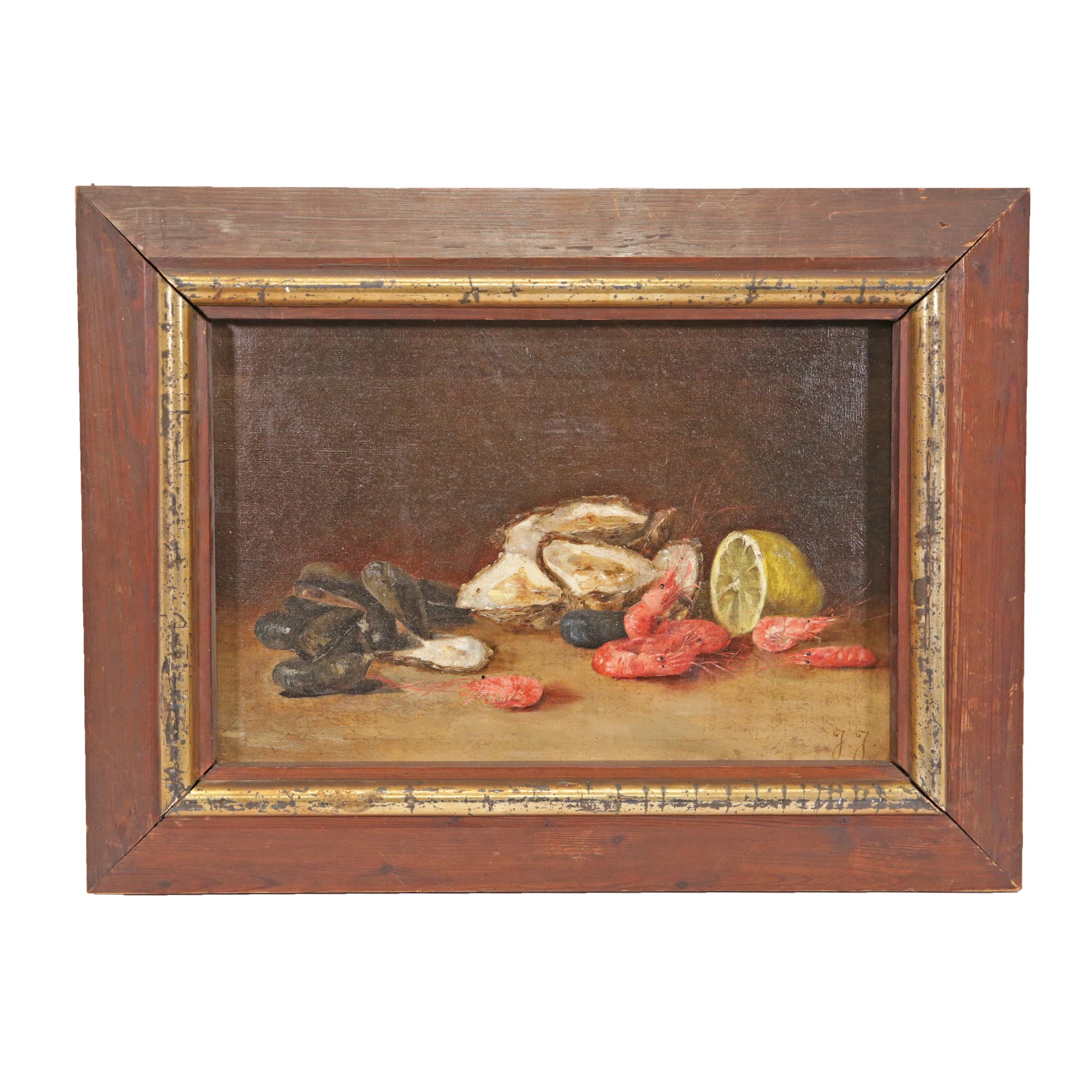 "Still life with oysters", oil on canvas, monogram bottom right J.J., European painting circa 1900