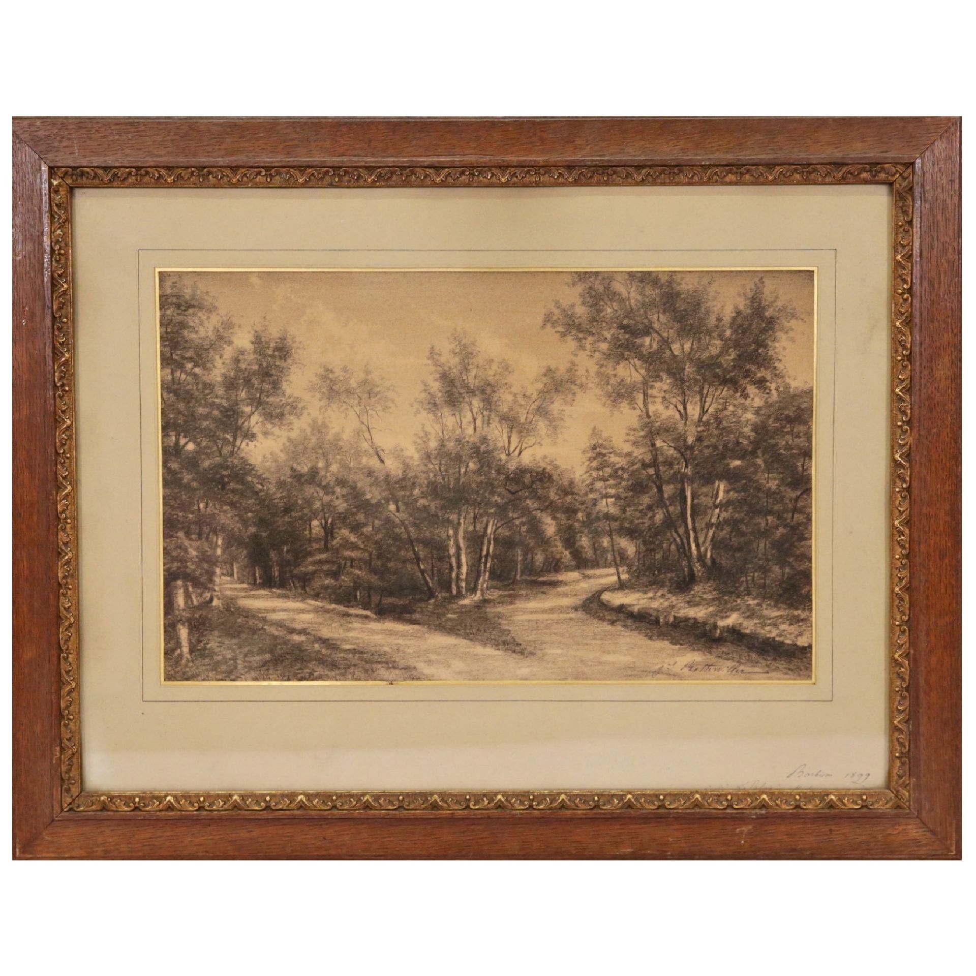 "Barbizon Forest 1899", graphite drawing, signature Rothwiller, French painting of the 19th C.