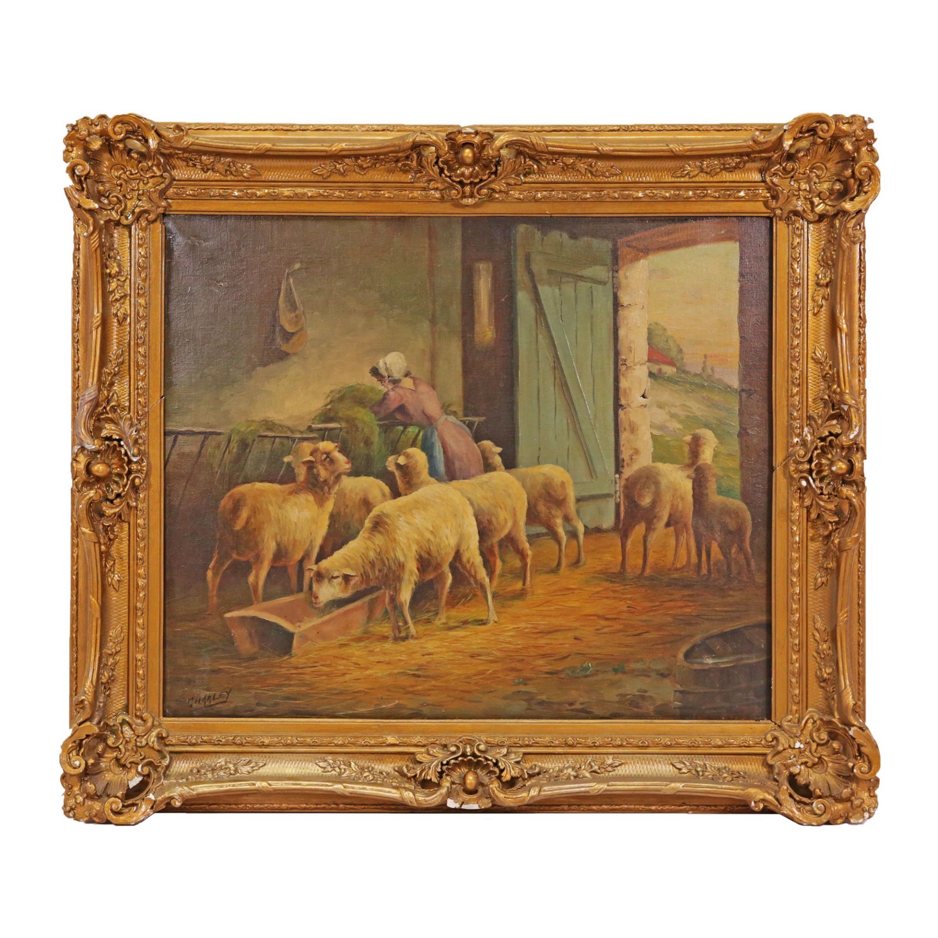 Noel CHARLEY (act.c.1900) "Sheep and shepherdess in the stable", oil on canvas.