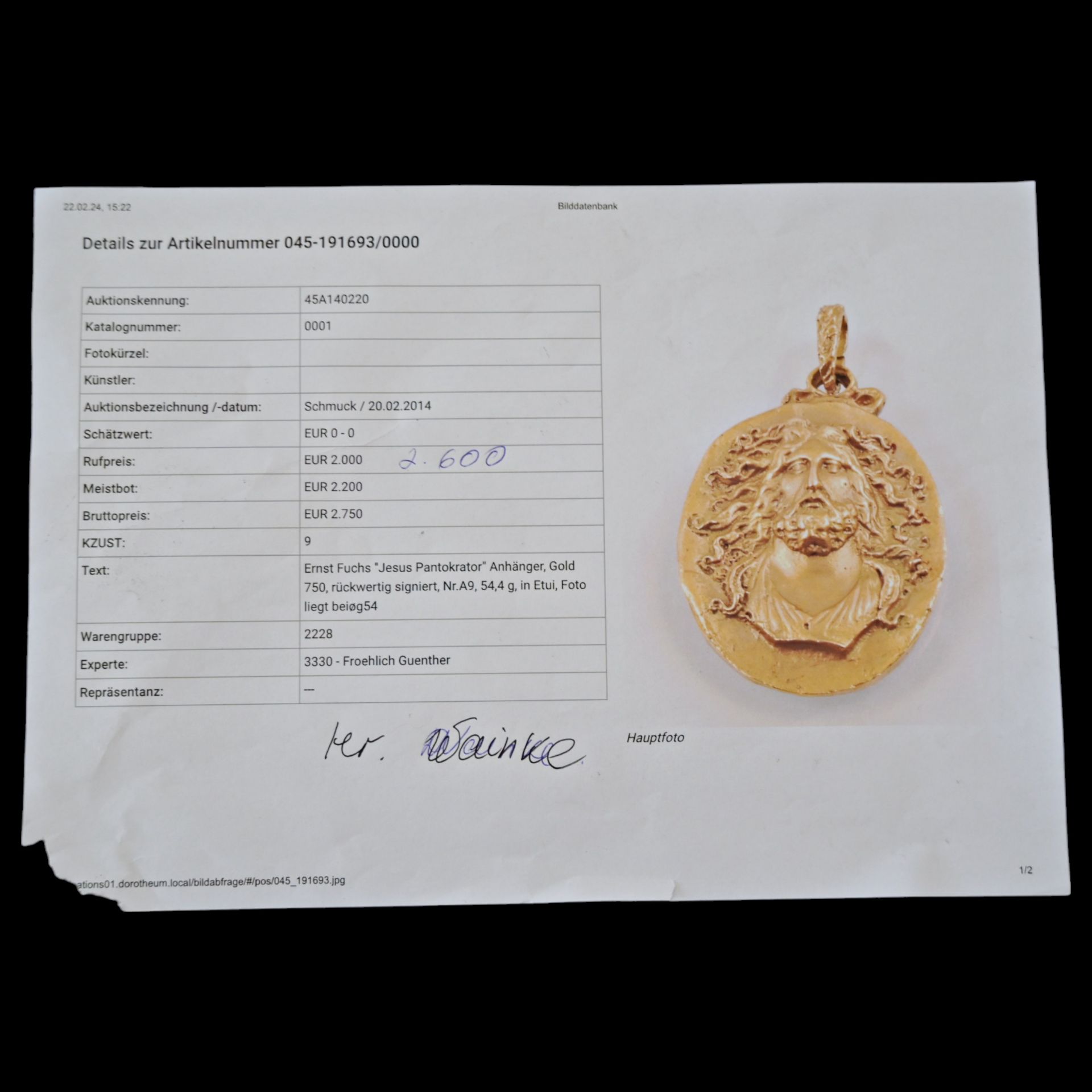 _Ernst Fuchs (1930 Ð 2015) "Jesus Pantokrator" Jewelry Gold medallion, original case, 20th C. - Image 8 of 8