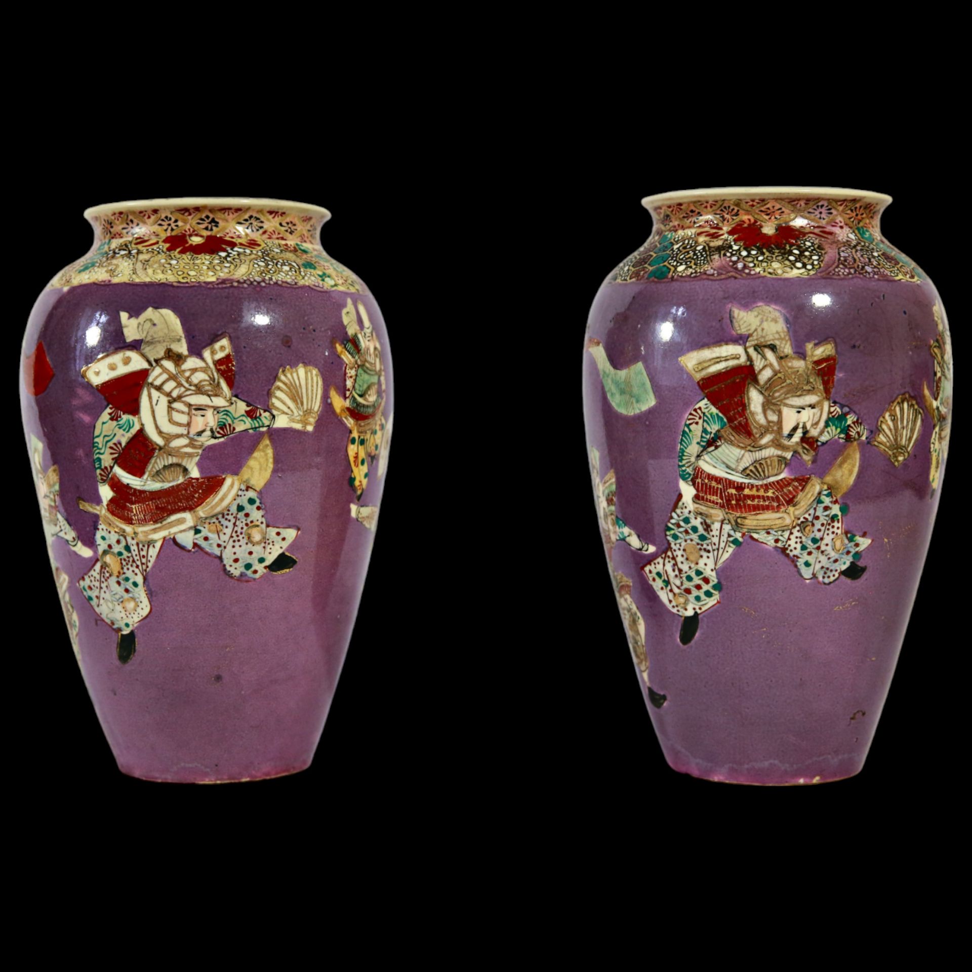 Pair of Satsuma vases, Japan, Meiji period, earthenware, decorated with figures of samurai.