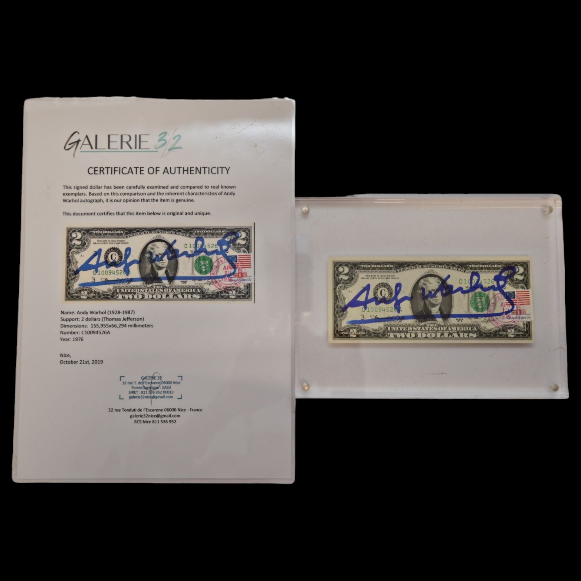 Andy WARHOL (1928 - 1987), Signed 2-dollar banknote + certificate.