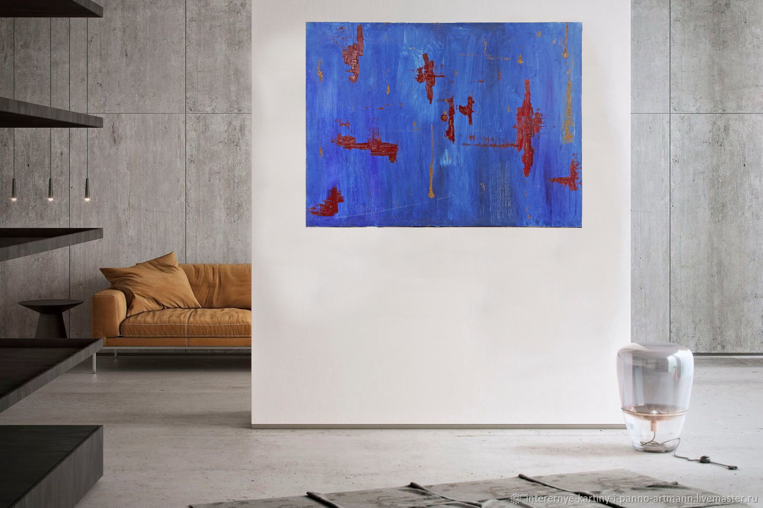 "Red abstraction on blue", oil on canvas, 20th century abstract painting. - Image 2 of 5