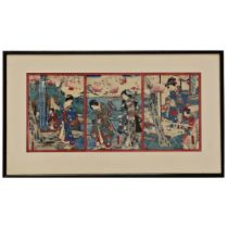 Triptych of Japanese prints, Japanese art of the 19th century. Collectible art for home decor.