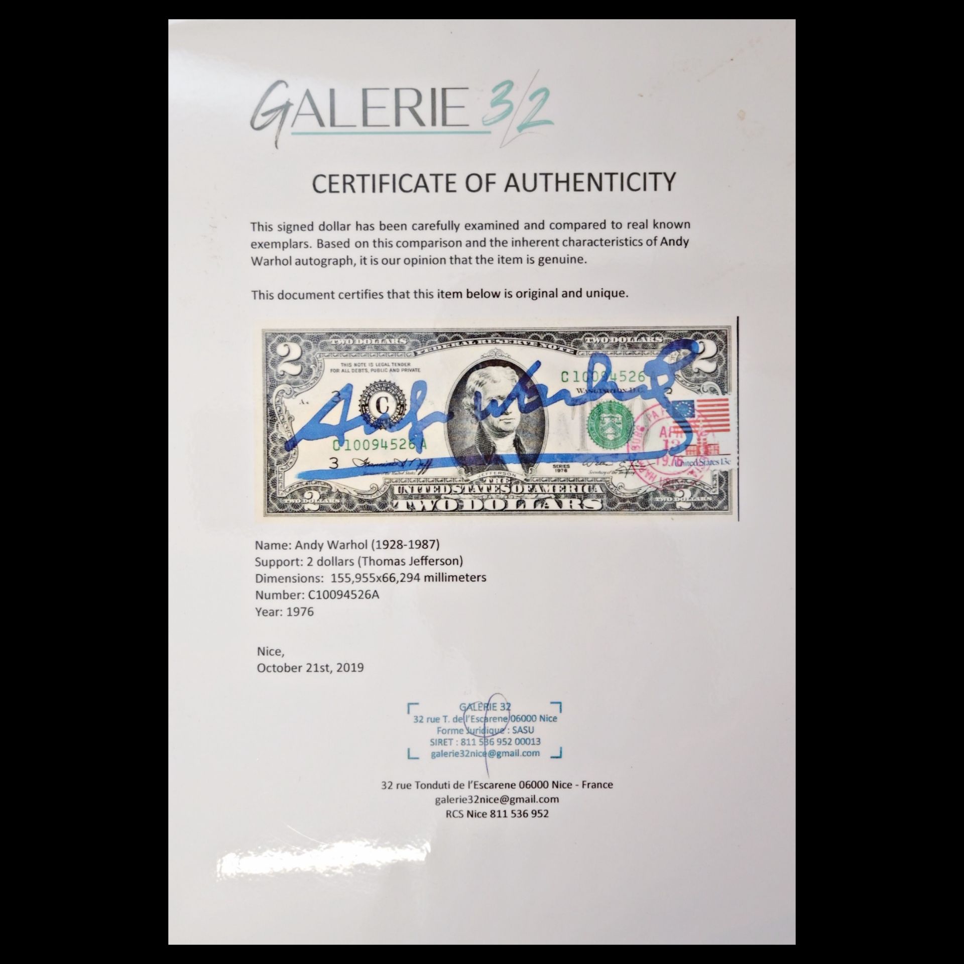 Andy WARHOL (1928 - 1987), Signed 2-dollar banknote + certificate. - Image 5 of 5