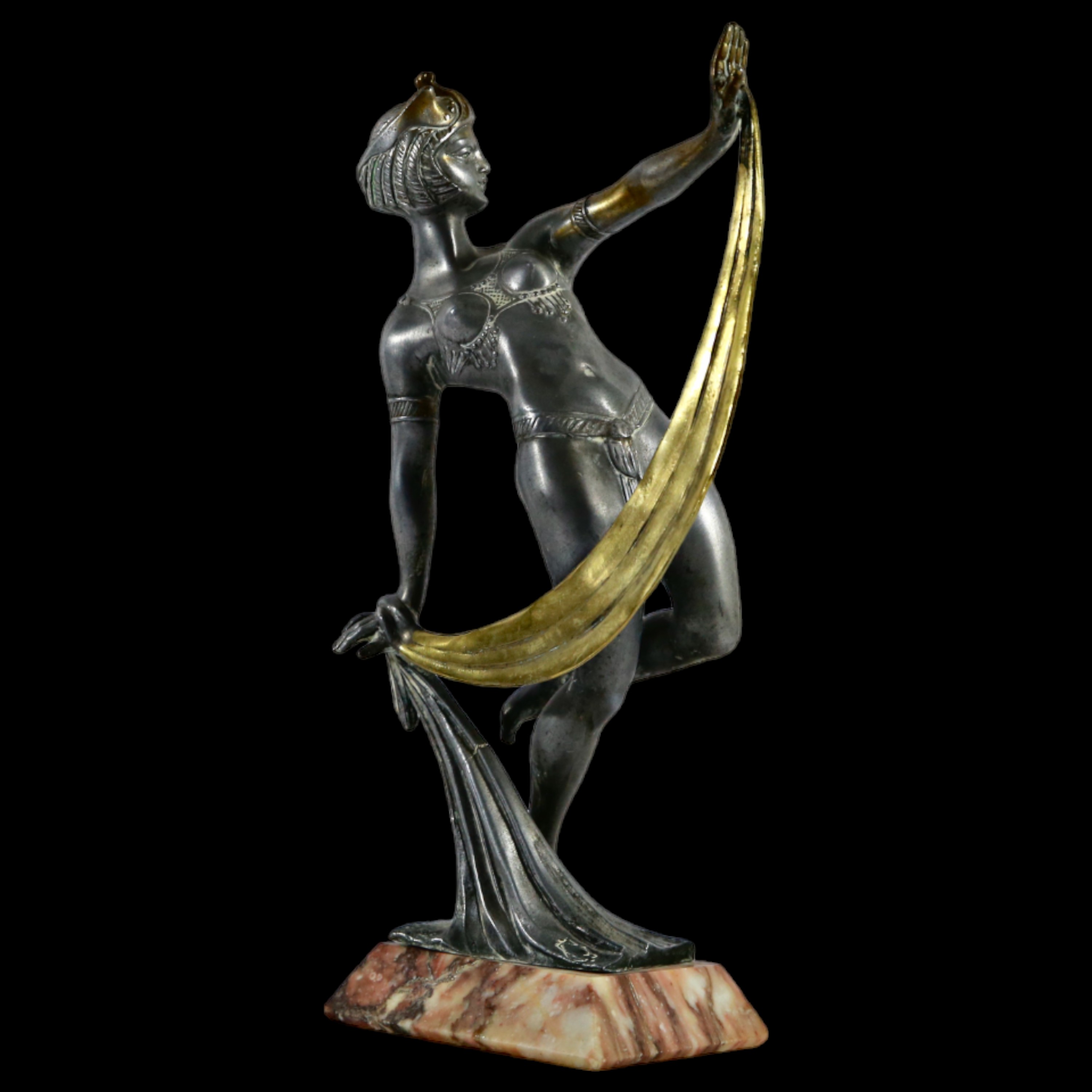 Art Deco Bronze Dancer, silver and gilt plated, stamp below, red marble base, 30s of the 20th C. - Image 7 of 12