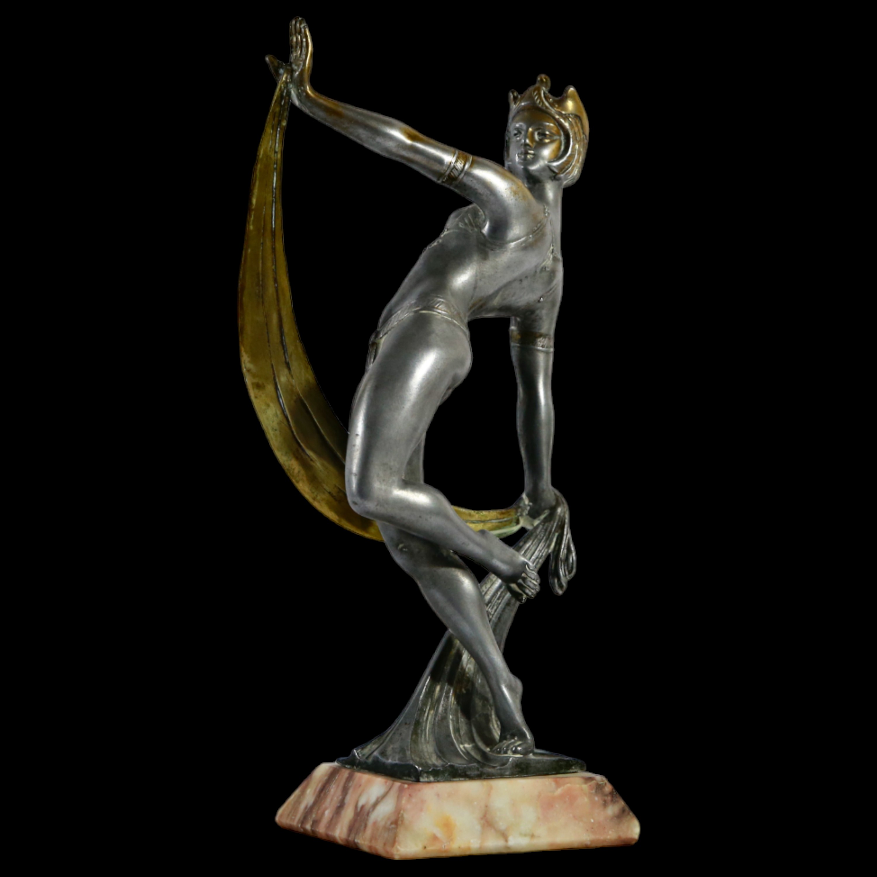 Art Deco Bronze Dancer, silver and gilt plated, stamp below, red marble base, 30s of the 20th C. - Image 6 of 12