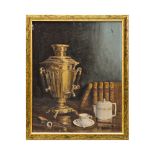 Jean Lavaud (XX) ÒSamovar with a cup of teaÓ, oil on cardboard, French painting of the 20th C.