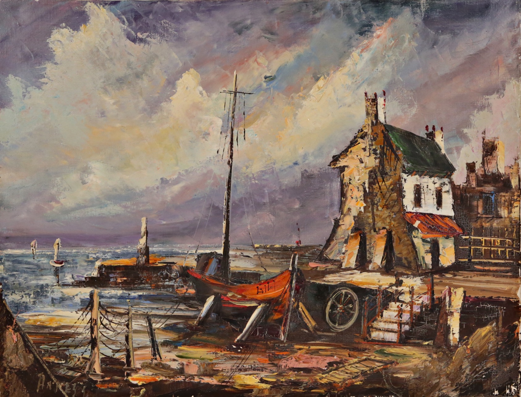 "Port at low tide", oil on canvas, signed by Antes, French painting of the 20th century. - Image 2 of 5