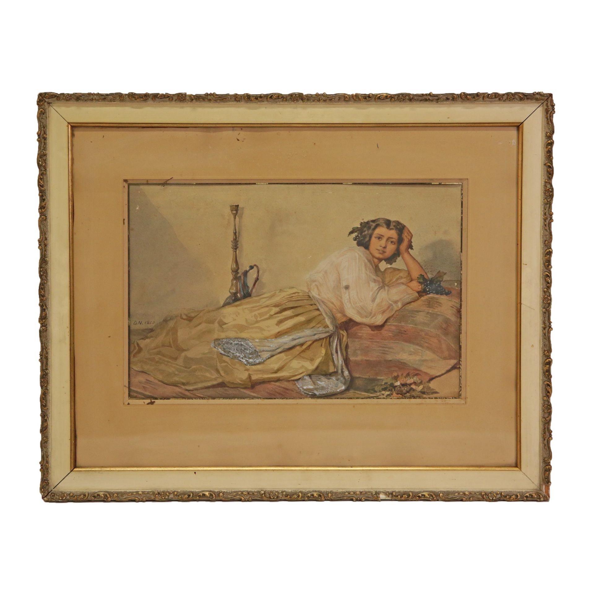 "Woman lying with a bunch of grapes", 1860, watercolor on paper, signed by the artist monogram D N.