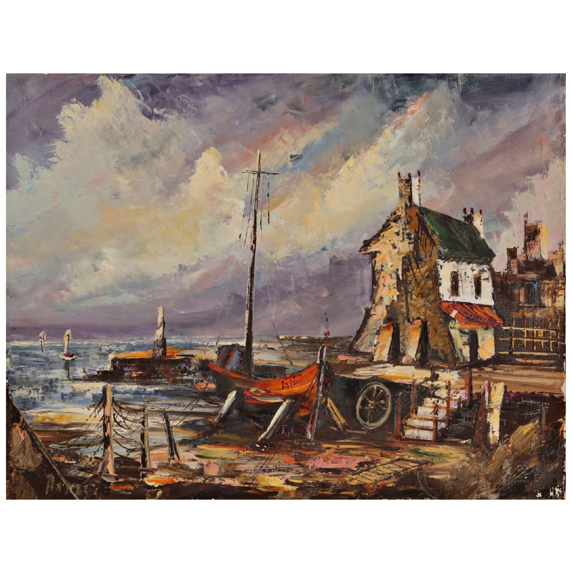 "Port at low tide", oil on canvas, signed by Antes, French painting of the 20th century.