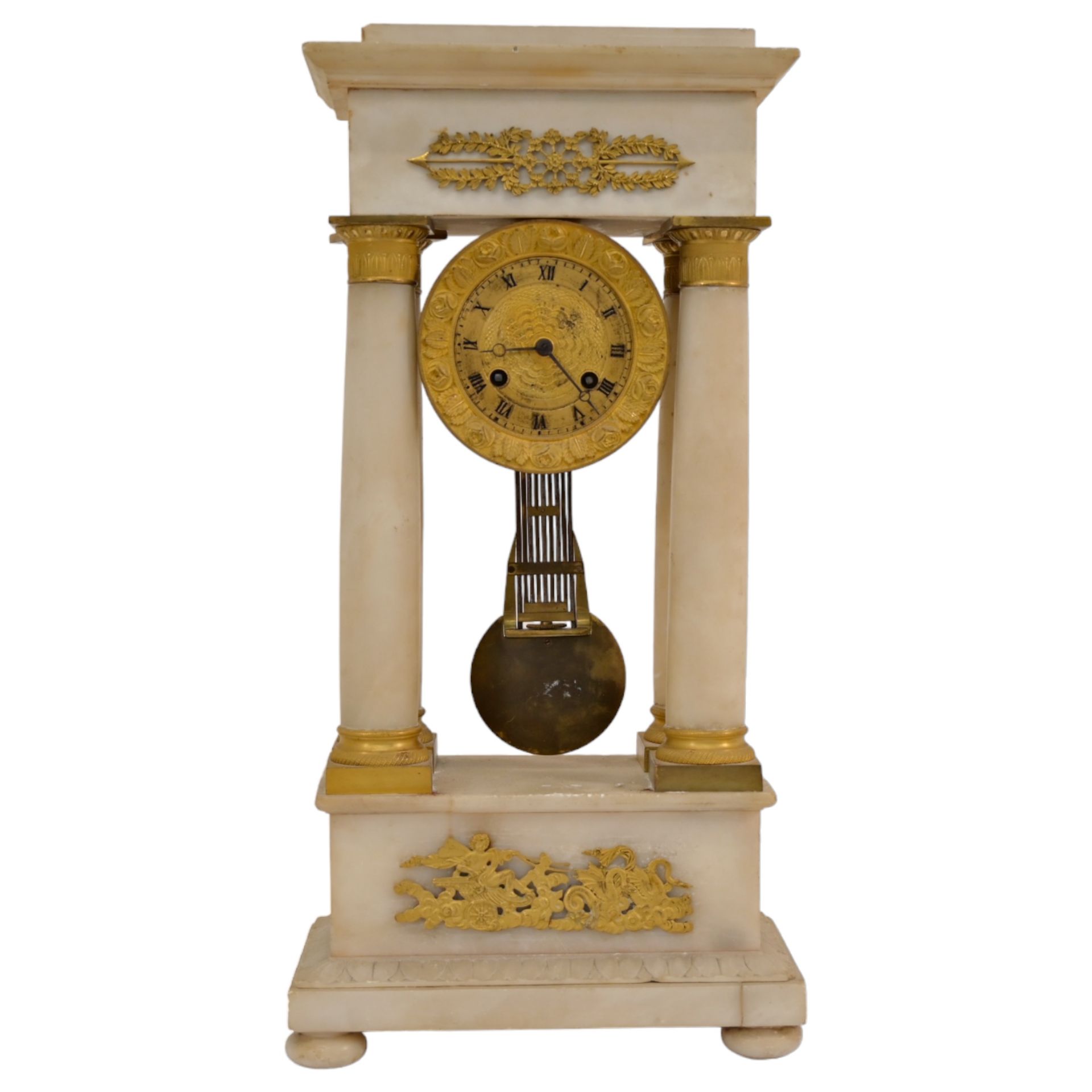 French Empire-Style Alabaster and Gilt-Bronze Portico Clock, mid 19th century. - Image 2 of 10