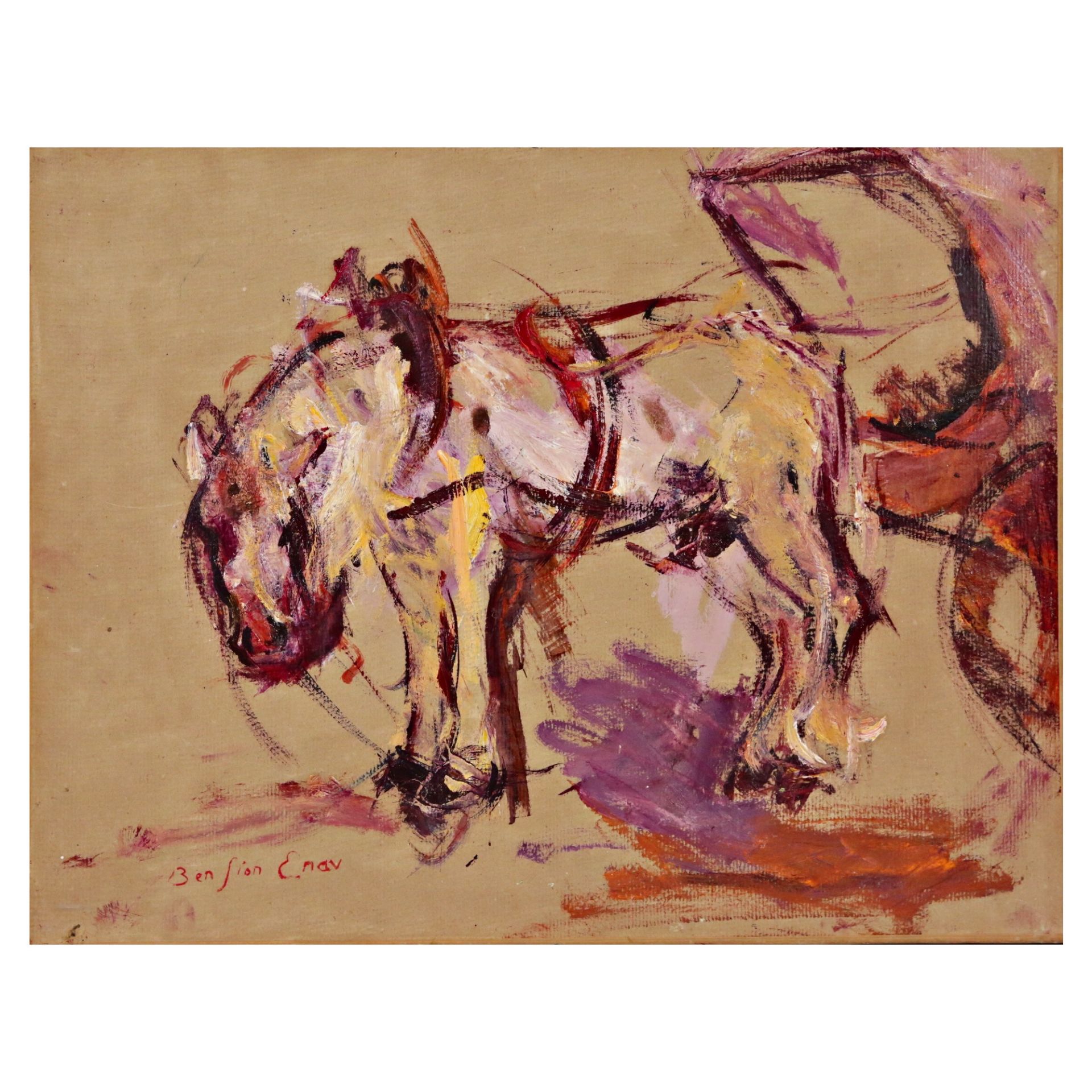 Bension ENAV (1925-2007) "Horse", oil on paper, French painting of the 20th century.