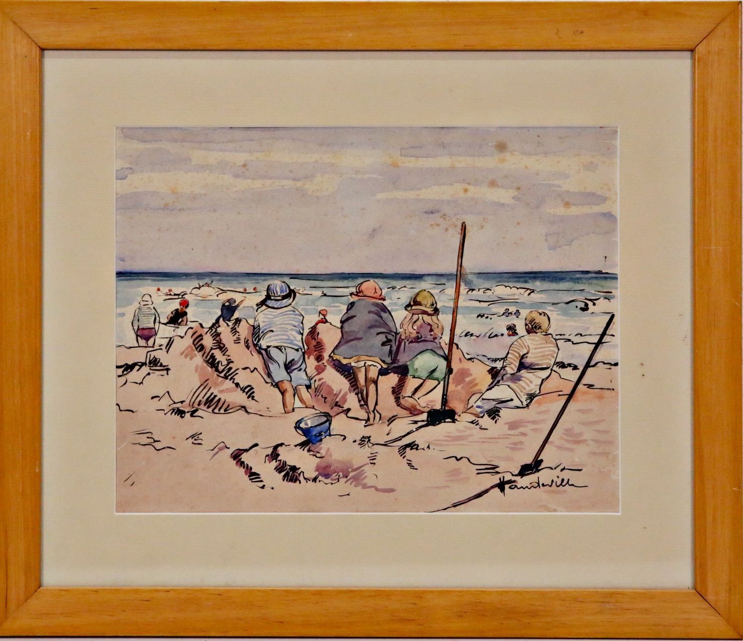 Leon HAUDEVILLE (1885-1969) "Children at the beach", watercolor on paper, French painting, 20th _. - Image 2 of 5