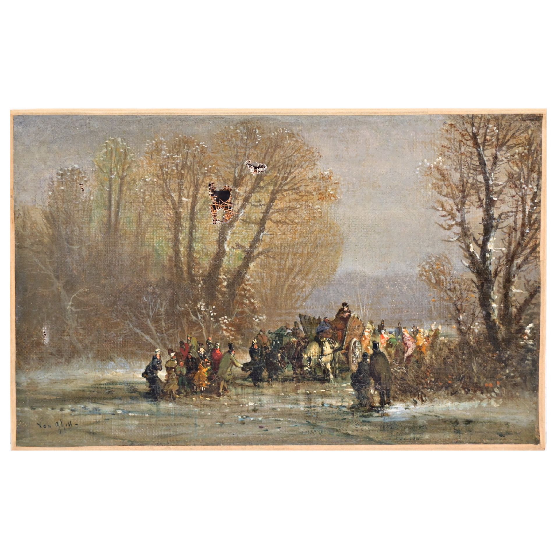 VAN GHELL (XIX) ÒEmigrants in a winter landscapeÓ, Oil on canvas, European painting of the 19th _.