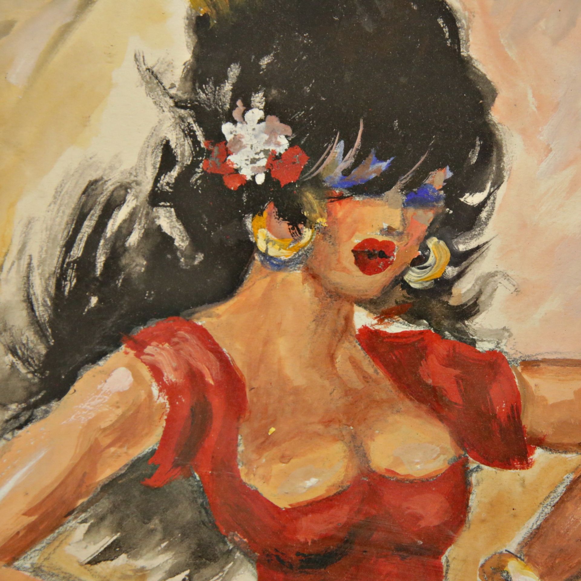 "Flamenco dancer", watercolor and gouache on paper, signed Taveau, Spanish painting of the 20th C. - Bild 3 aus 4