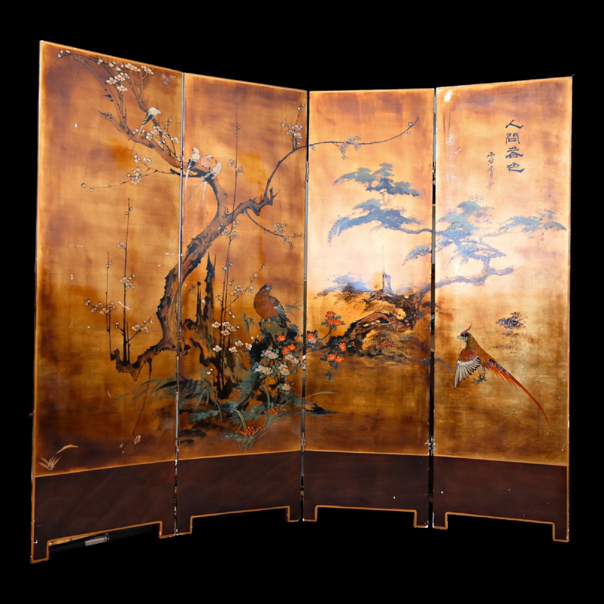 PAINTED FOUR PART JAPAN FLOOR SCREEN, 19/20th _.