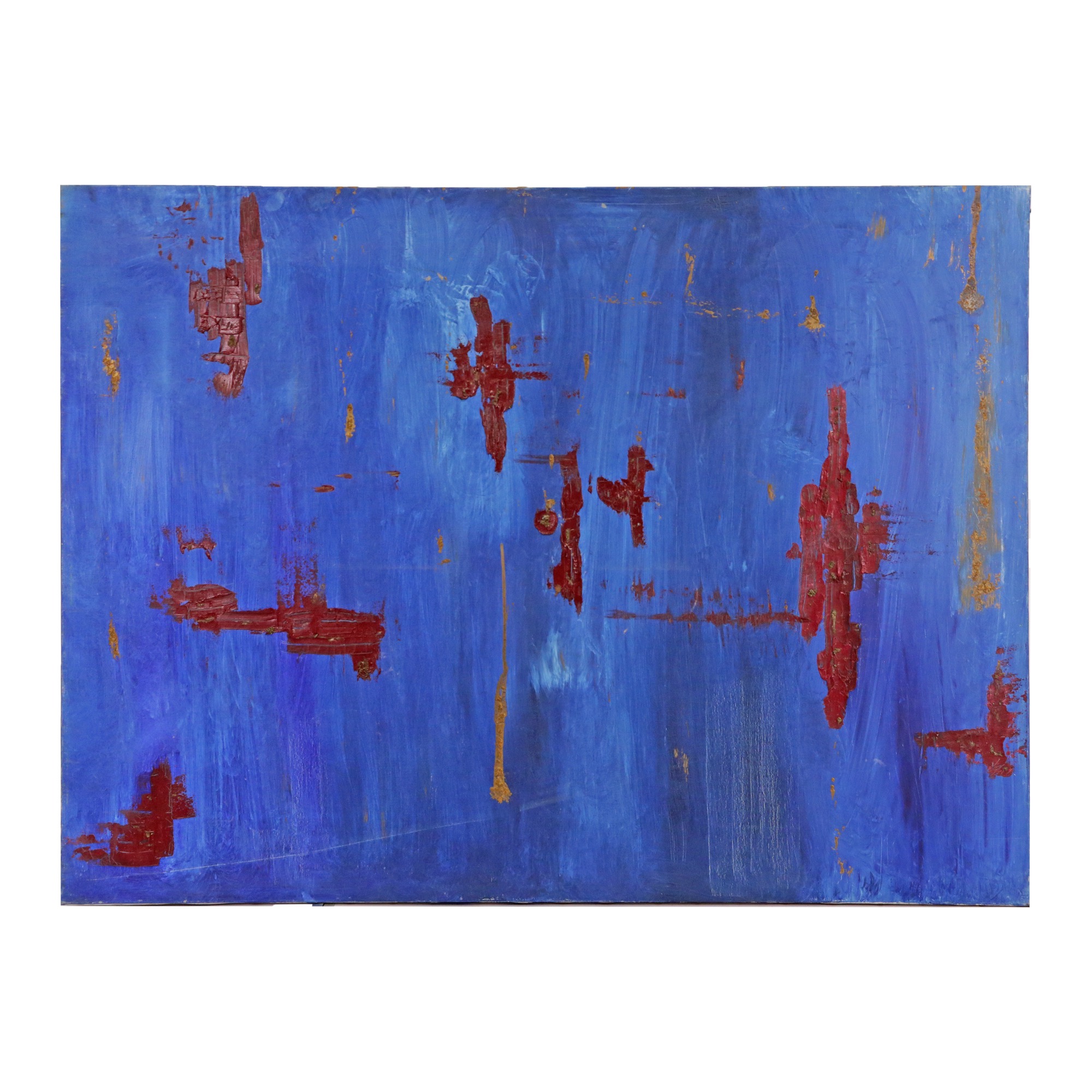 "Red abstraction on blue", oil on canvas, 20th century abstract painting.