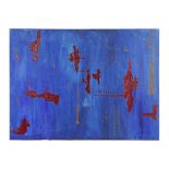 "Red abstraction on blue", oil on canvas, 20th century abstract painting.