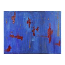 "Red abstraction on blue", oil on canvas, 20th century abstract painting.