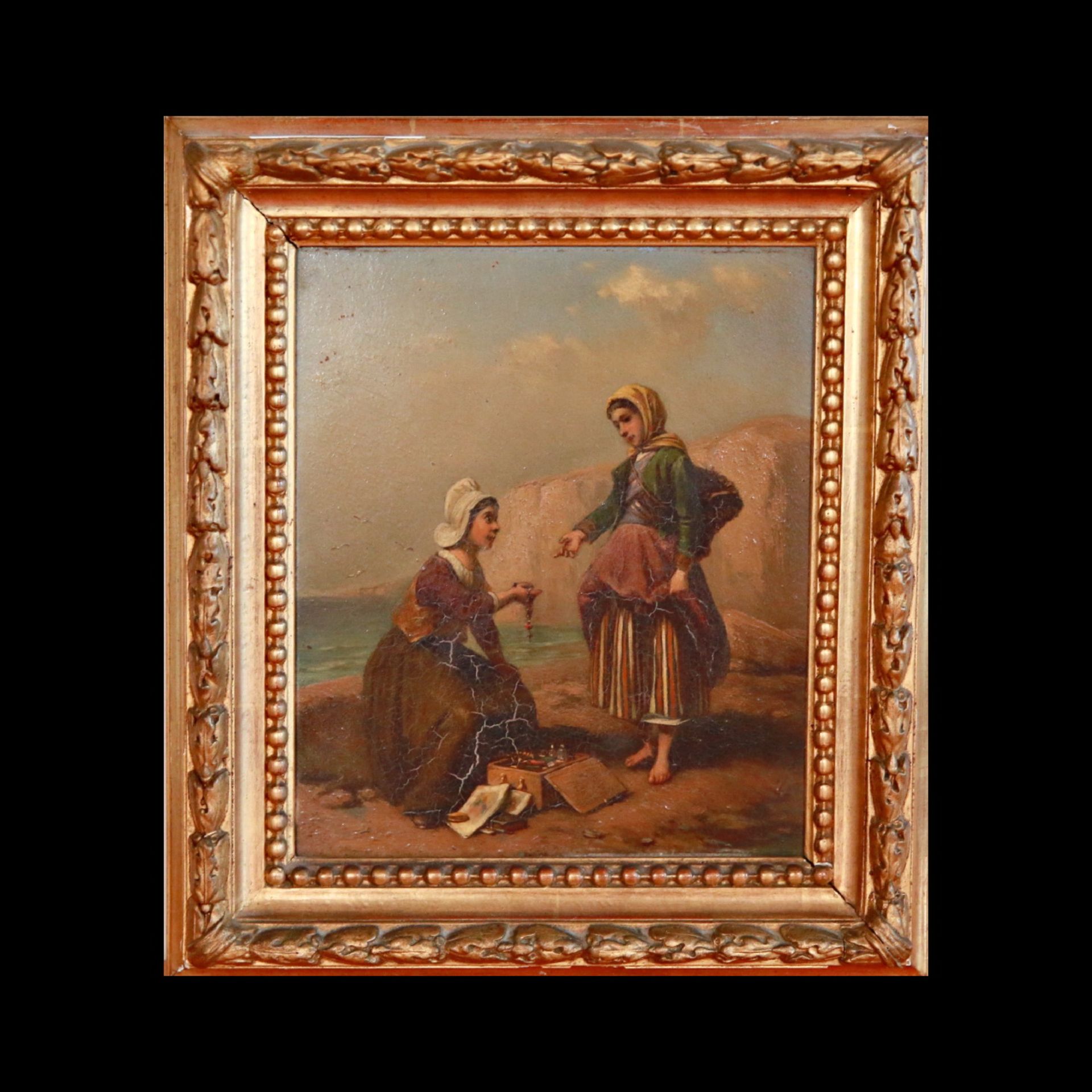 Young girls on the shore, oil on wood panel, no signature, 19th century European painting.