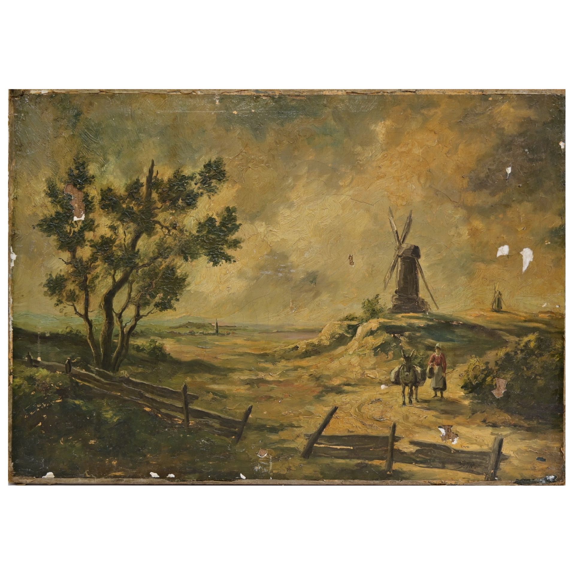 "Landscape with the mill and peasants" oil on canvas, monogrammed GM, French painting of the 20th C