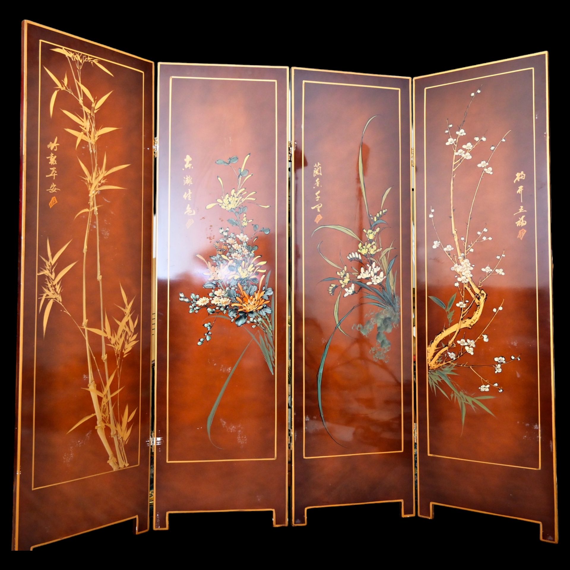 PAINTED FOUR PART JAPAN FLOOR SCREEN, 19/20th _. - Image 13 of 19