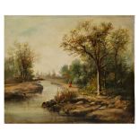 Pair of paintings signed GEORGES, "River with the fisherman" and "River with the farmer", 19th C.