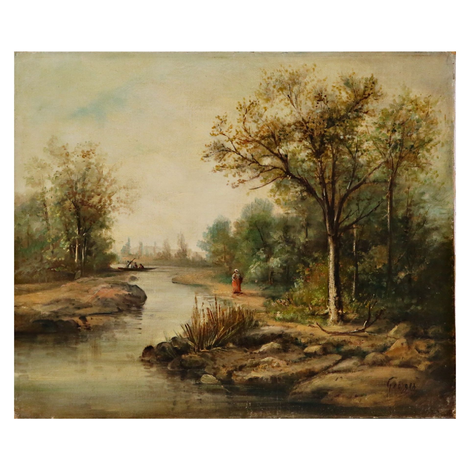 Pair of paintings signed GEORGES, "River with the fisherman" and "River with the farmer", 19th C.