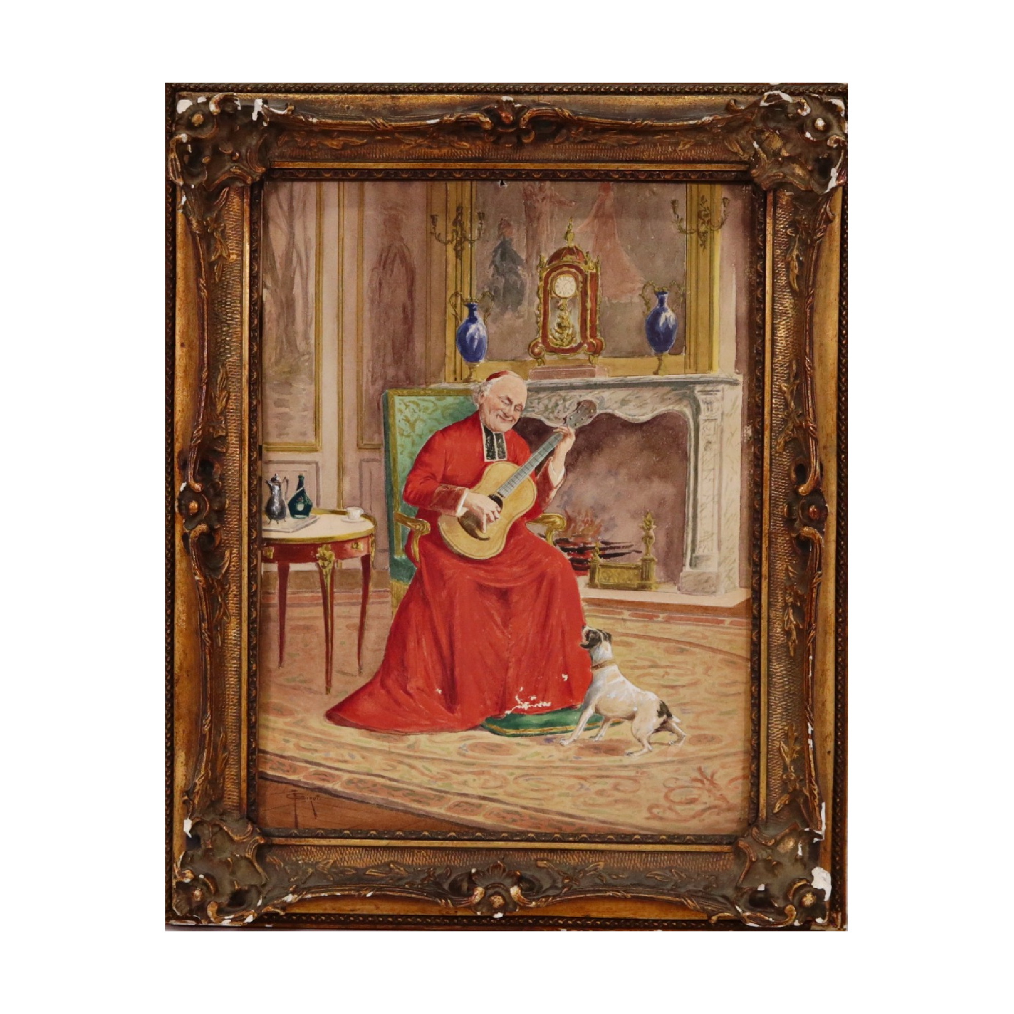 "Cardinal playing guitar", watercolor on paper, signed Eidot(?), French painting, early 20th _.