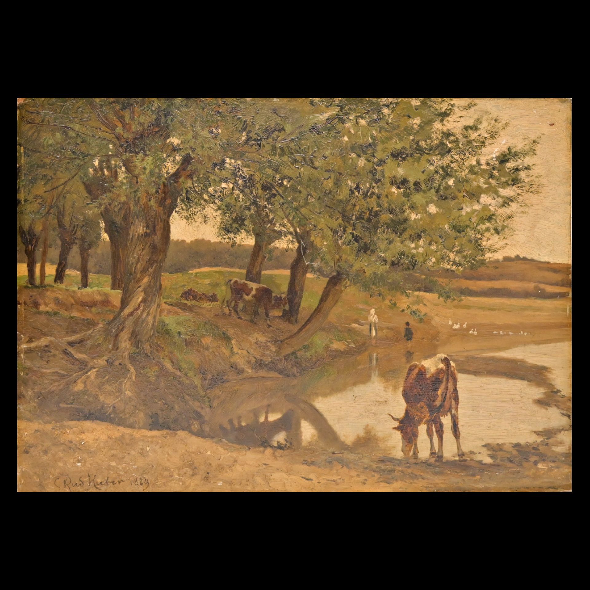 Carl Rudolf S. HUBER (1839-1896), Rural Landscape, 1889, oil on wood panel, 19th century French pain