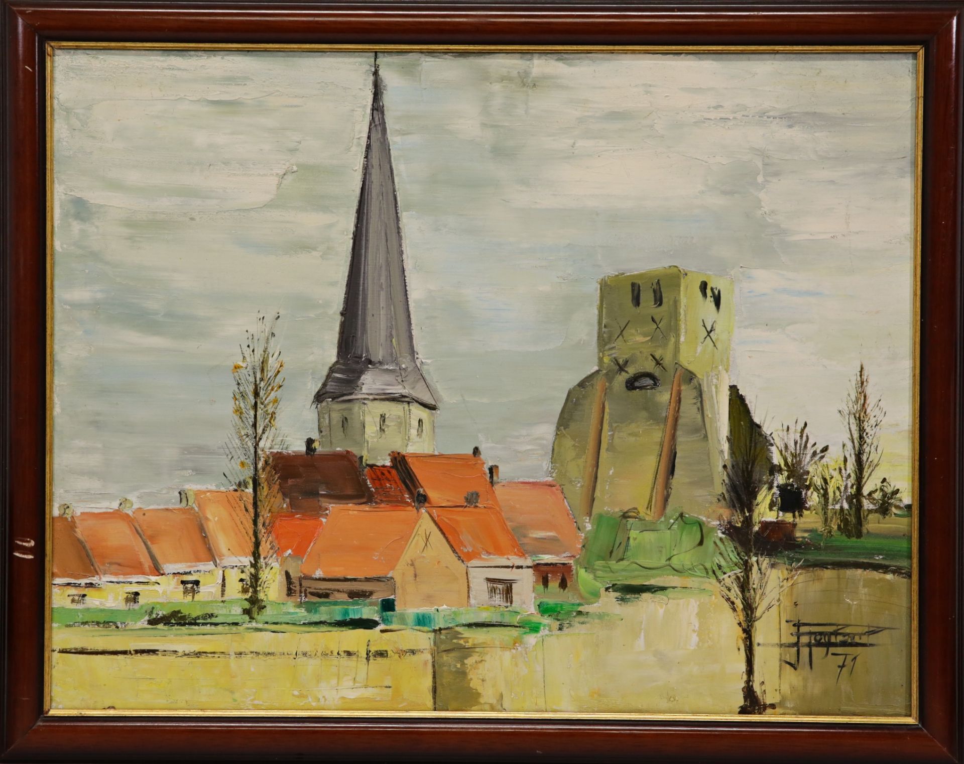 "Village with the bell tower" 1971, oil on canvas, illegible signature, French painting of the 20th  - Image 2 of 4