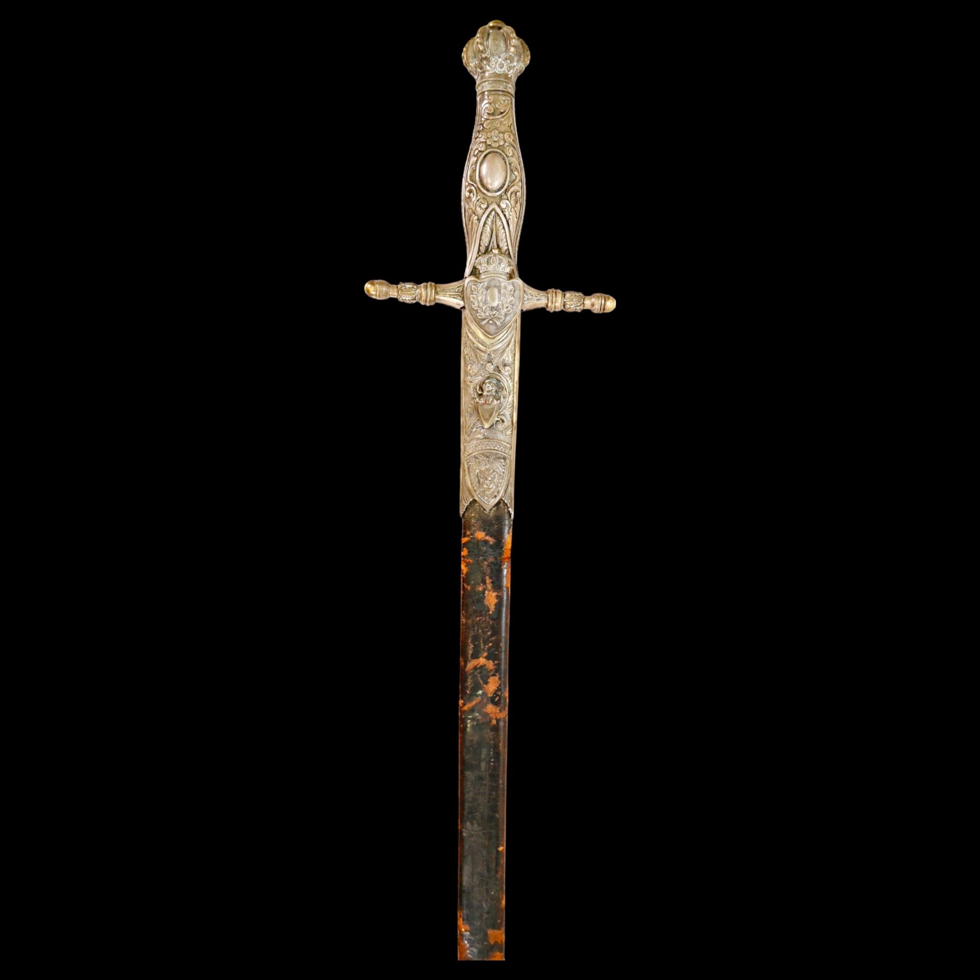 Rare Spanish small sword with scabbard, bronze hilt and blued blade, 19th century. - Bild 4 aus 25