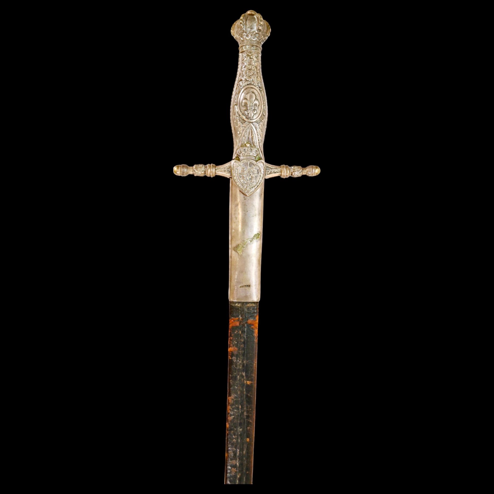 Rare Spanish small sword with scabbard, bronze hilt and blued blade, 19th century. - Bild 7 aus 25