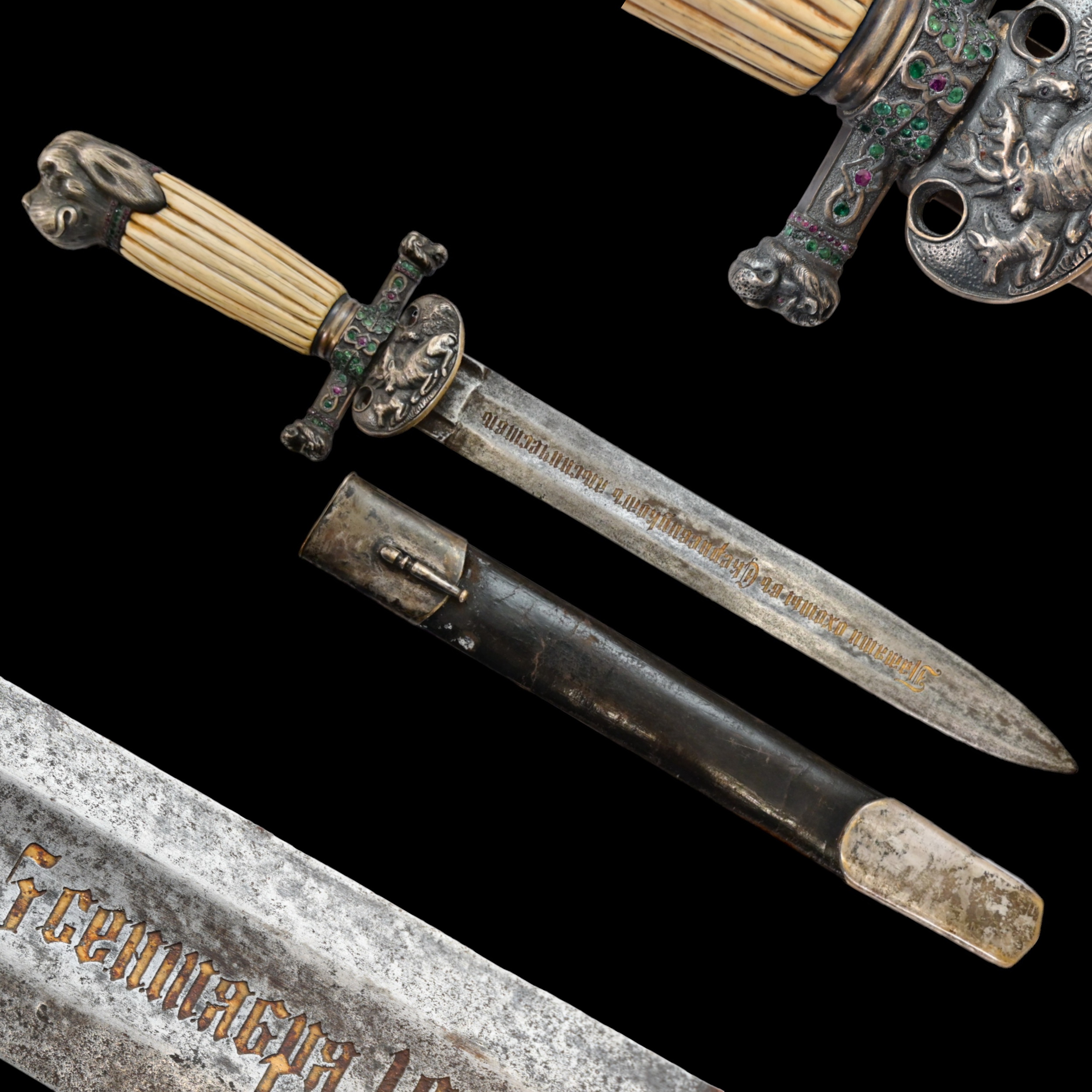 Rare hunting dagger, silver plated, gilding, precious stones, Russian Empire, 1890.