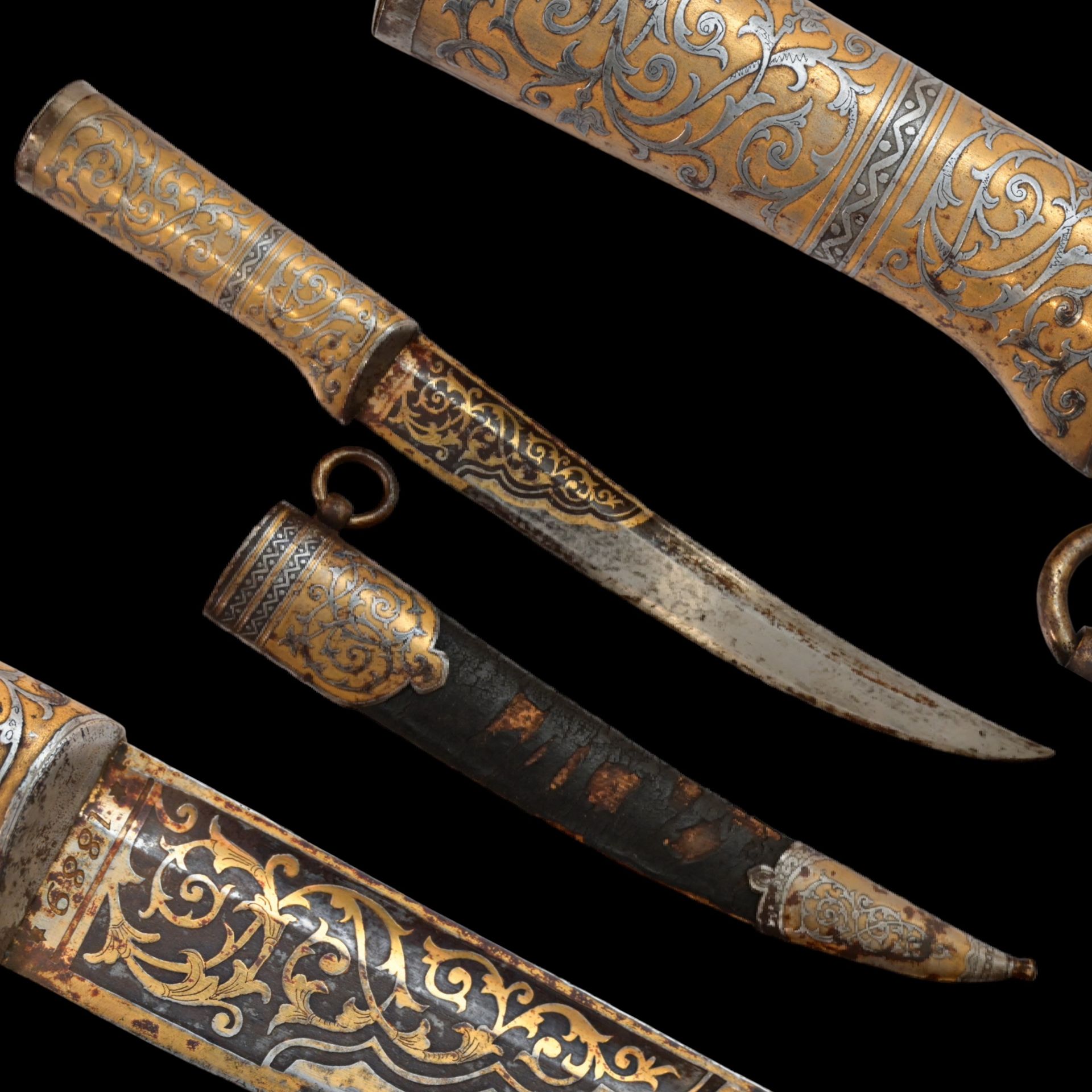 RARE HUNTING KNIFE, DECORATED WITH GOLD AND BLUE, RUSSIAN EMPIRE, ZLATOUST, 1889.