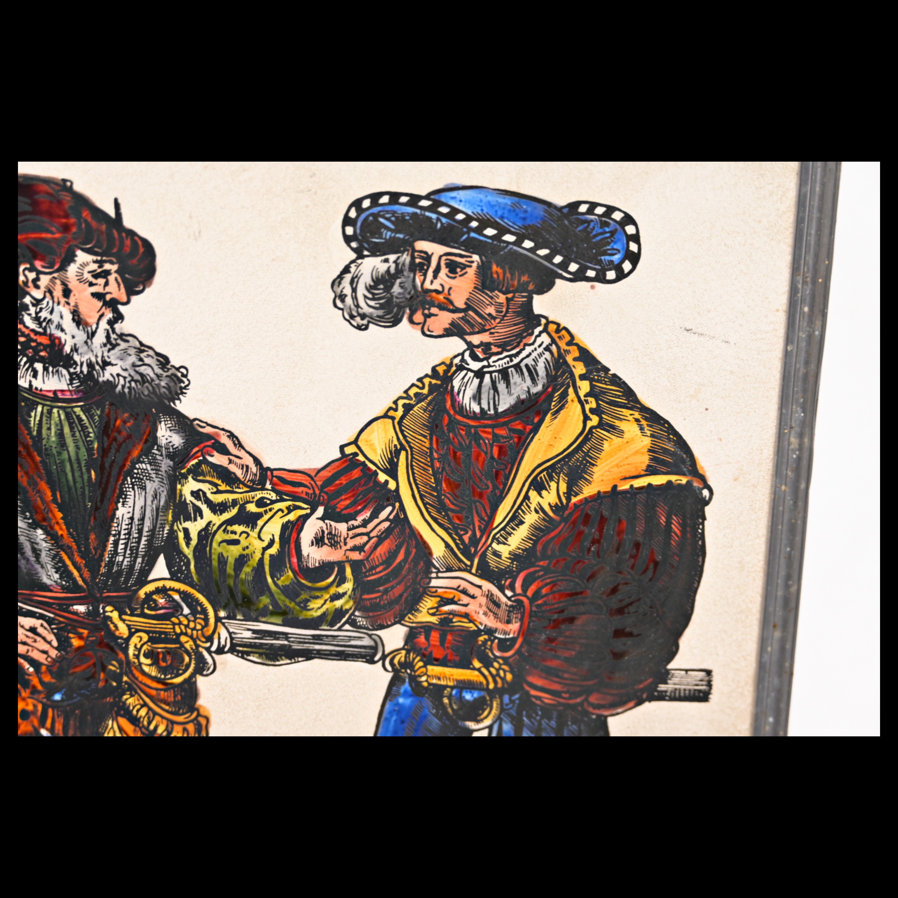 Landsknechts, Painting on glass in the style of 16th century engravings. - Image 4 of 8