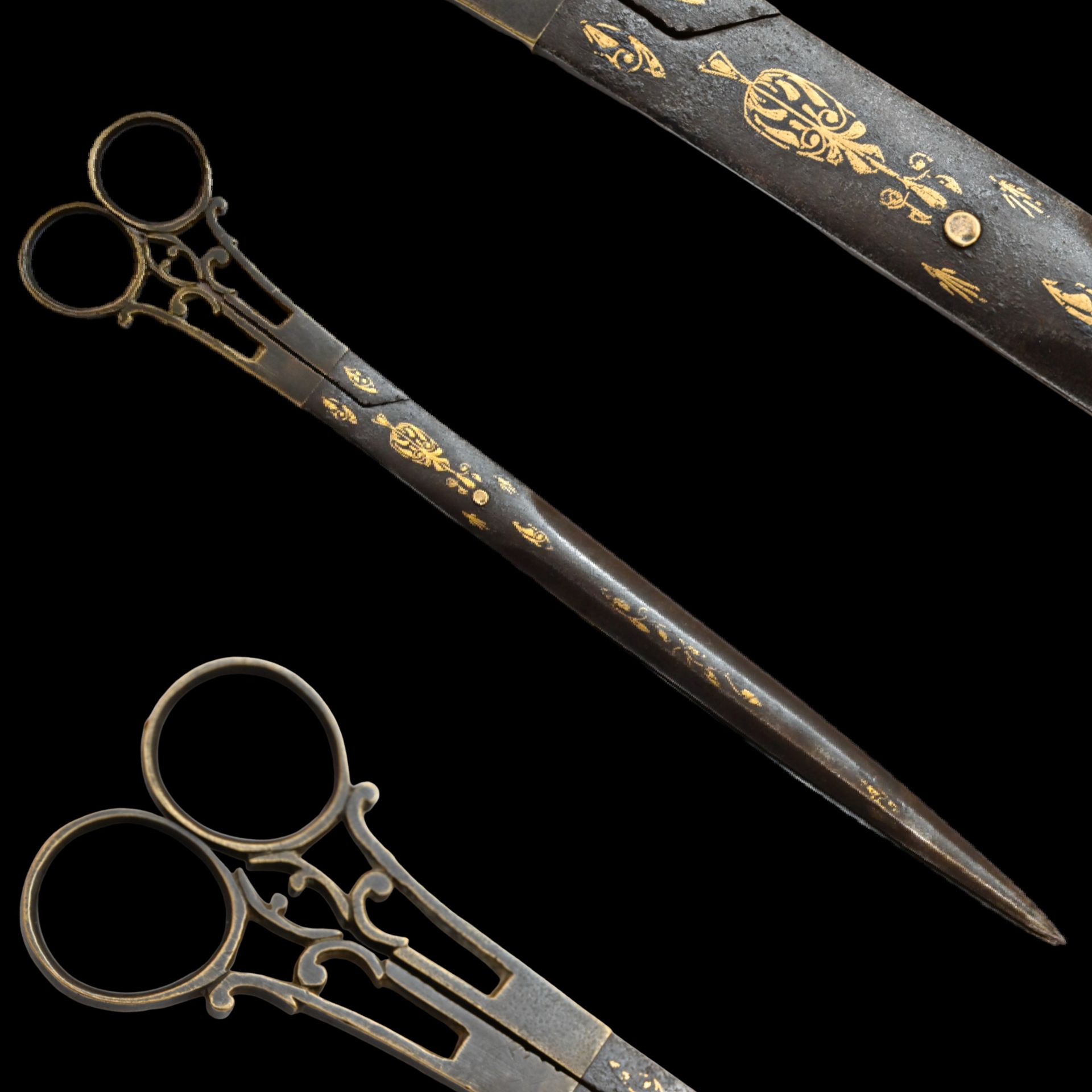 Rare, Islamic, Persian Qajar Dynasty, Gold Kofgari, Scissors, Dagger, 19th century.
