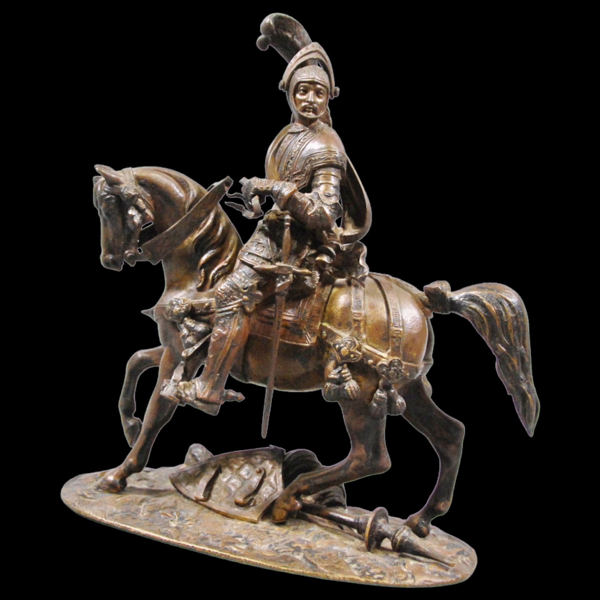 A bronze composition depicting an equestrian knight of the medieval period at a tournament. - Image 2 of 12