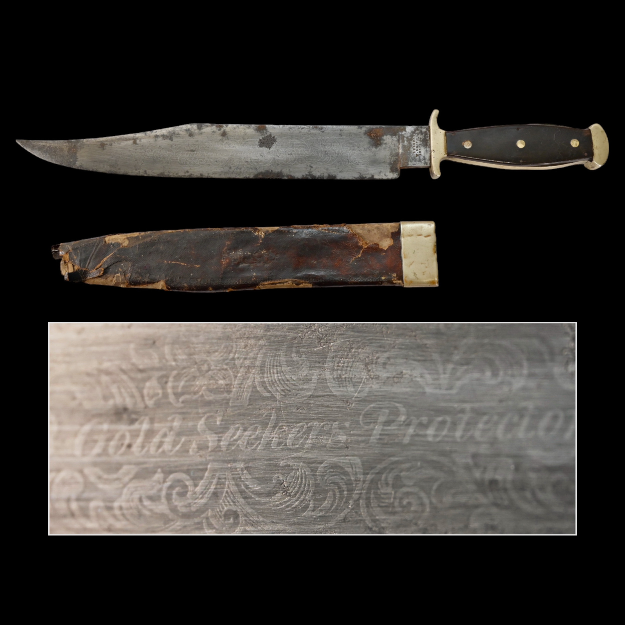 Extra rare and very early Bowie knife of American Gold Miners "Gold Seekers Protector", 1820-30s.