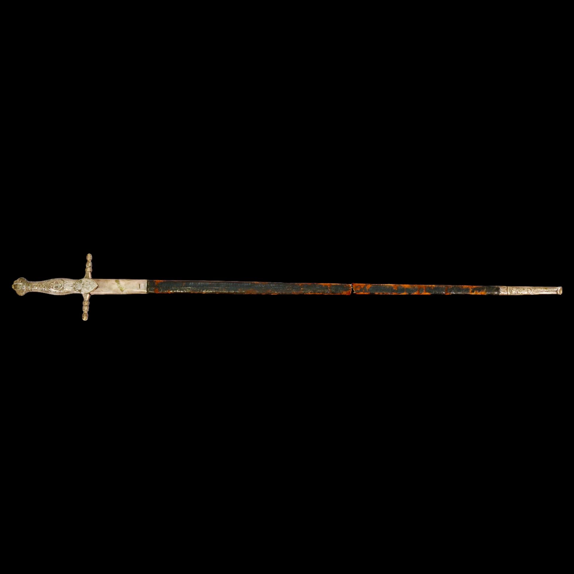 Rare Spanish small sword with scabbard, bronze hilt and blued blade, 19th century. - Bild 3 aus 25