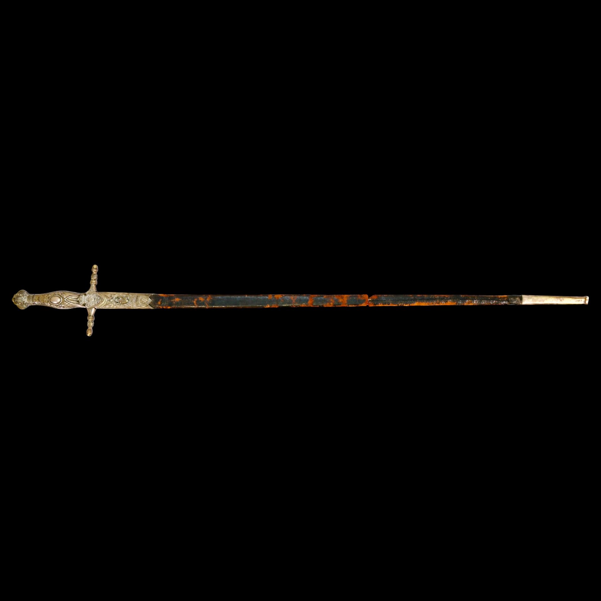Rare Spanish small sword with scabbard, bronze hilt and blued blade, 19th century. - Bild 2 aus 25