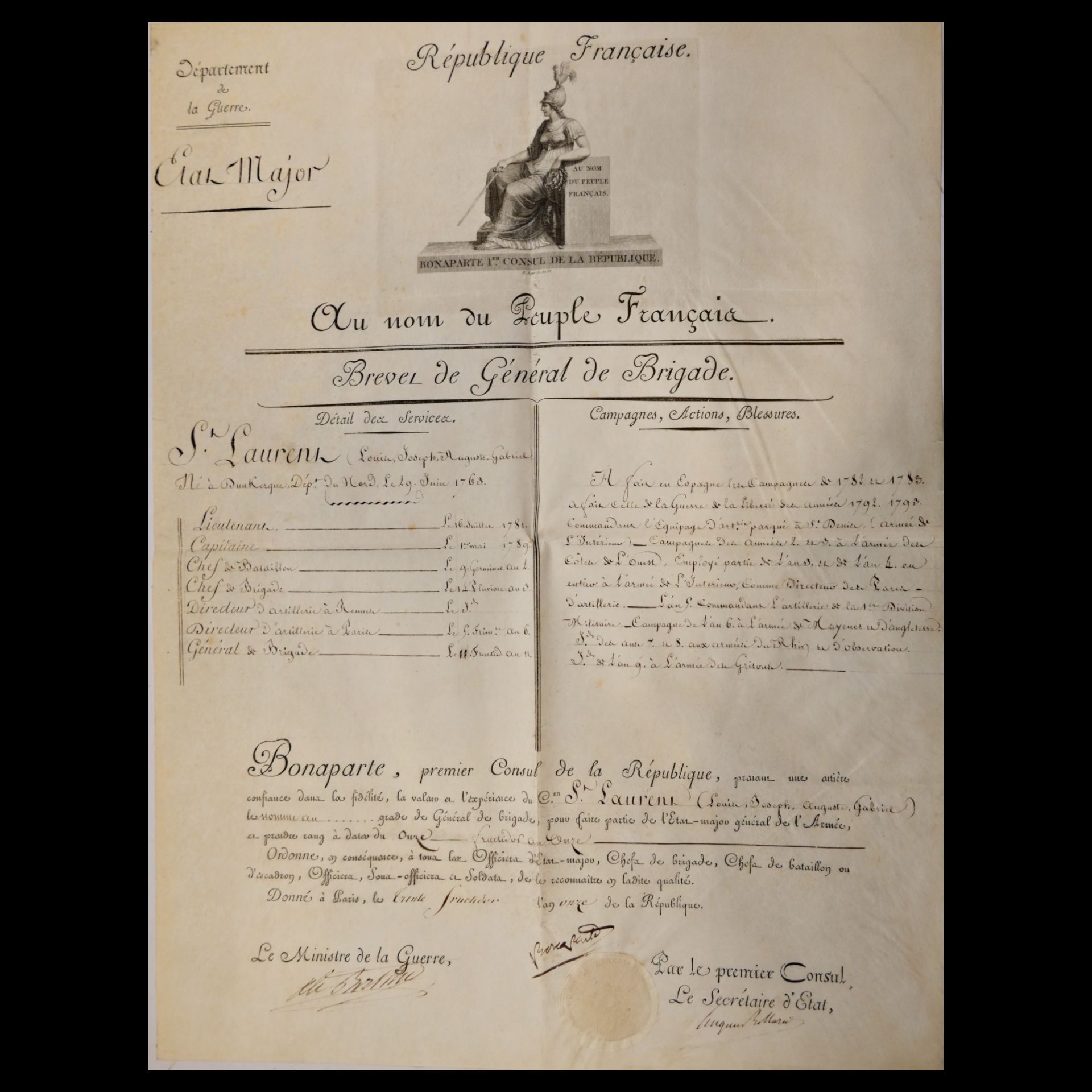 Diploma signed by Napoleon Bonaparte from the Military Department of the French Republic. - Bild 3 aus 12