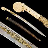 Magnificent Ottoman yatagan sword with bone hilt and gold kofgari on the blade, 1823.