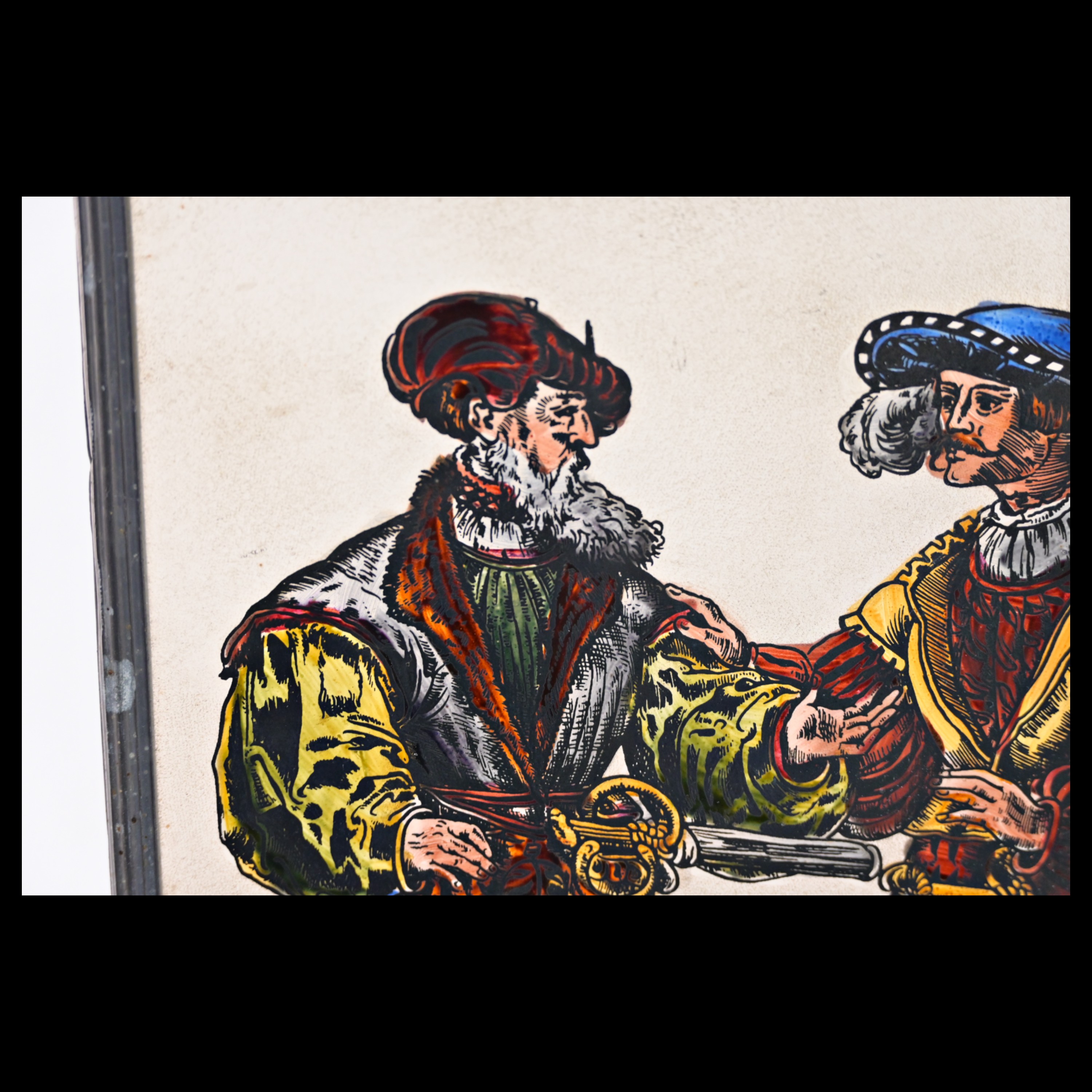 Landsknechts, Painting on glass in the style of 16th century engravings. - Image 5 of 8